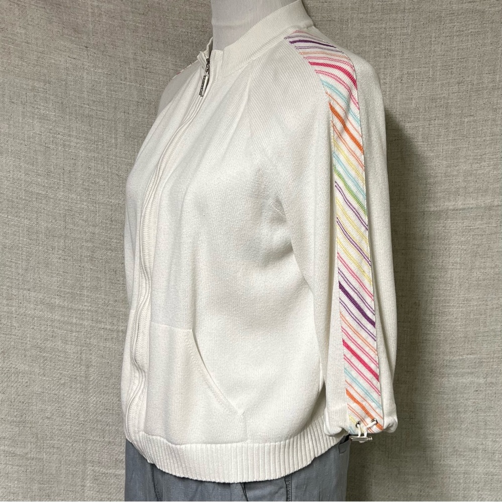 St. John White Zip Front Cardigan with Multicolor Stripe Sleeve